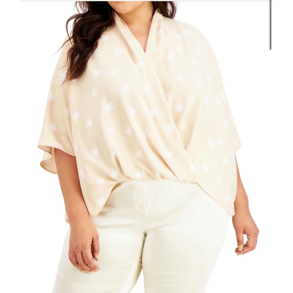 Alfani Womens Plus Printed Surplice Top Beige Short Sleeve Blouse Size 0X